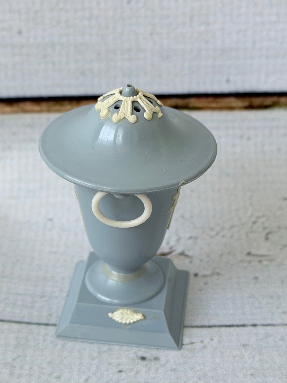 Pair of Gray Decorative Covered Urns with Cream Relief Accents - Picture 11 of 15